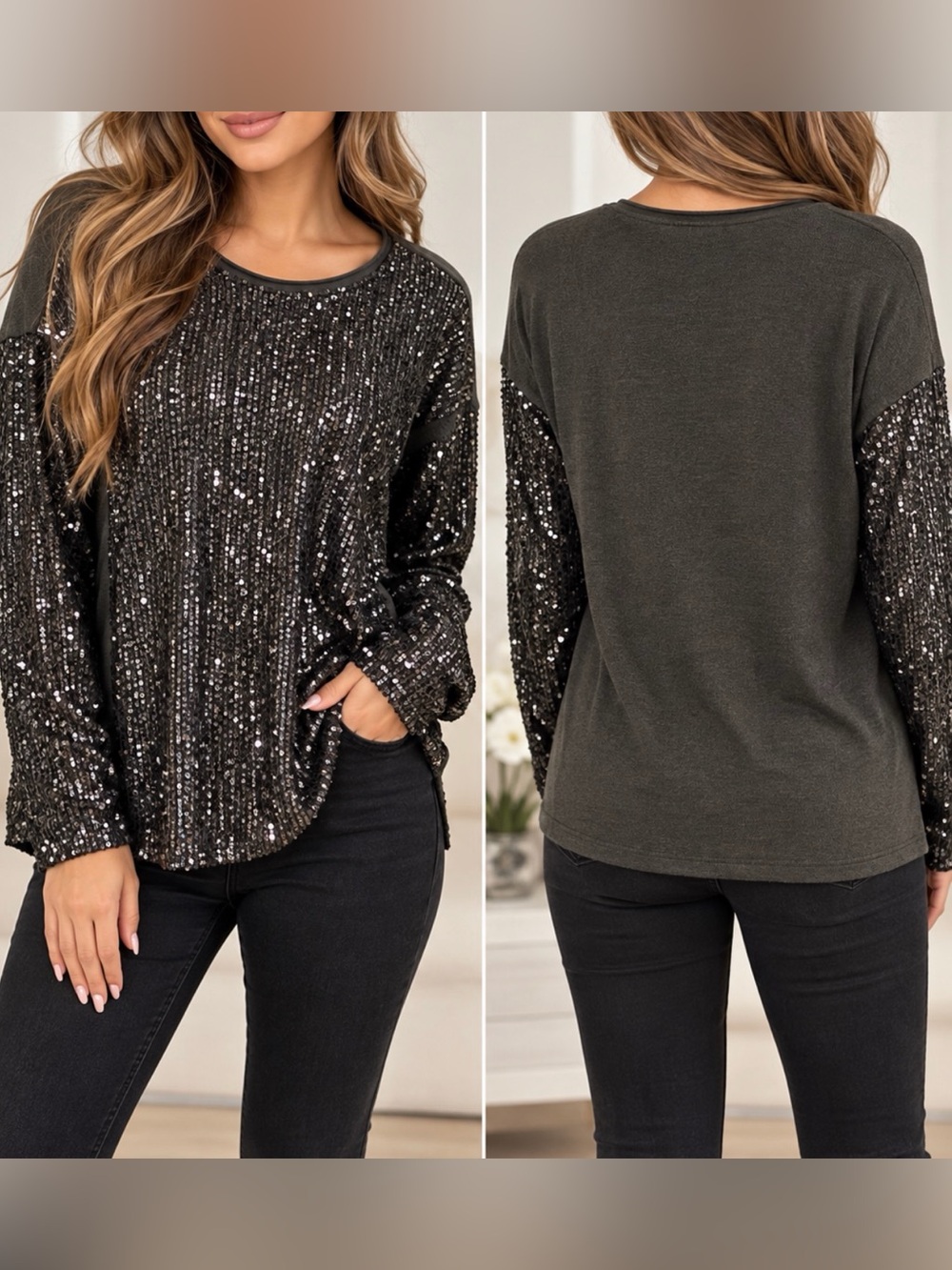 Black Sequin Front Long Sleeve Top
